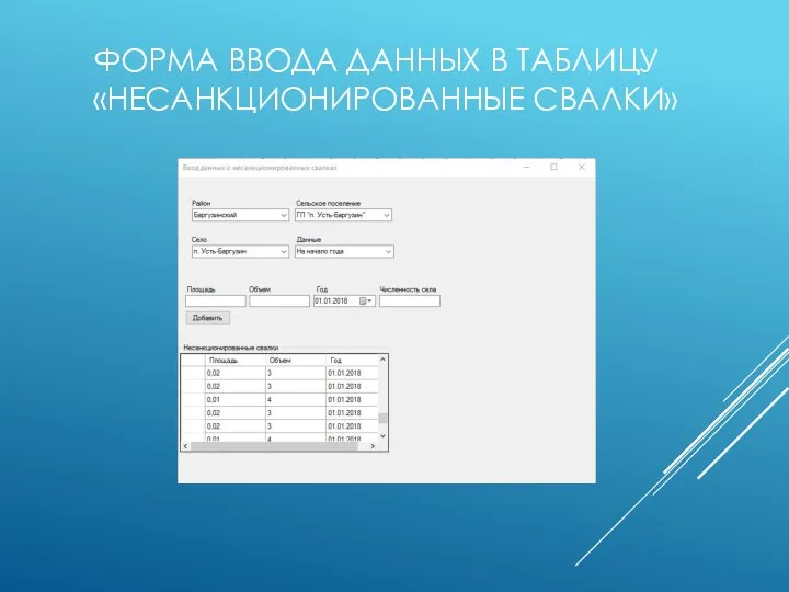 ФОРМА ВВОДА ДАННЫХ В ТАБЛИЦУ «НЕСАНКЦИОНИРОВАННЫЕ СВАЛКИ»