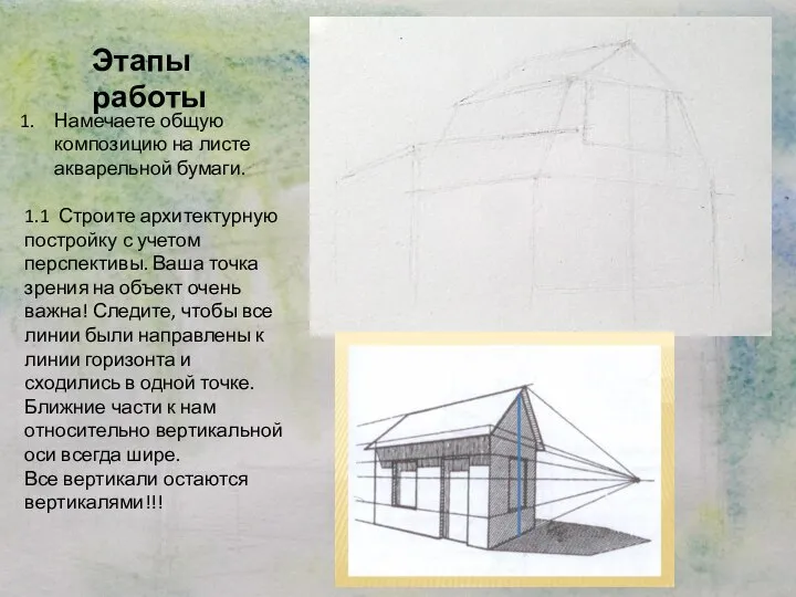 Этапы работы Намечаете общую композицию на листе акварельной бумаги. 1.1 Строите архитектурную