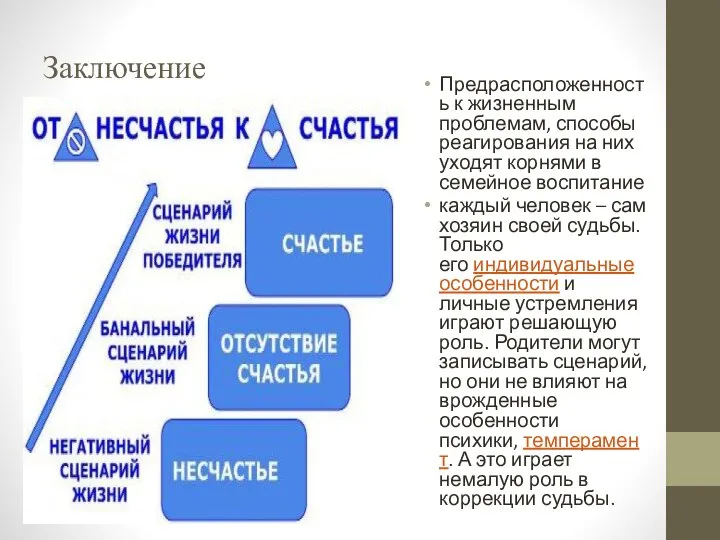 Заключение Предрасположенность к жизненным проблемам, способы реагирования на них уходят корнями в