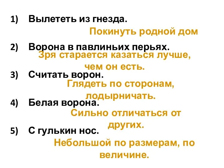 Вылететь из гнезда. Ворона в павлиньих перьях. Считать ворон. Белая ворона. С