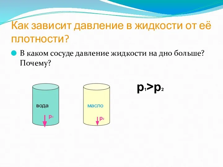 Как зависит давление в жидкости от её плотности? В каком сосуде давление