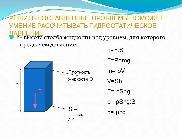 РЕШИТЬ ПОСТАВЛЕННЫЕ ПРОБЛЕМЫ ПОМОЖЕТ УМЕНИЕ РАССЧИТЫВАТЬ ГИДРОСТАТИЧЕСКОЕ ДАВЛЕНИЕ h- высота столба жидкости