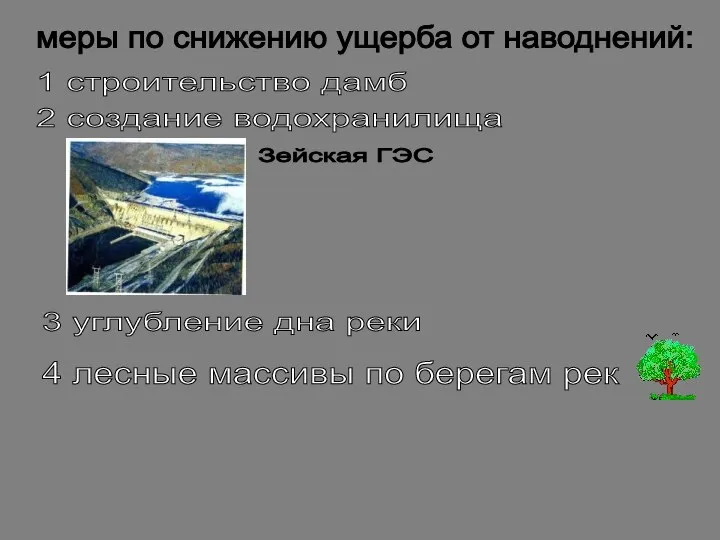 меры по снижению ущерба от наводнений: 1 строительство дамб 2 создание водохранилища