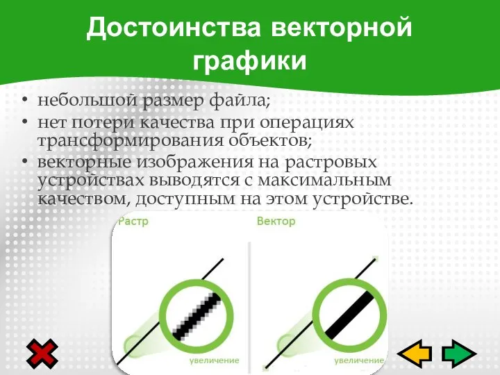 небольшой размер файла; нет потери качества при операциях трансформирования объектов; векторные изображения