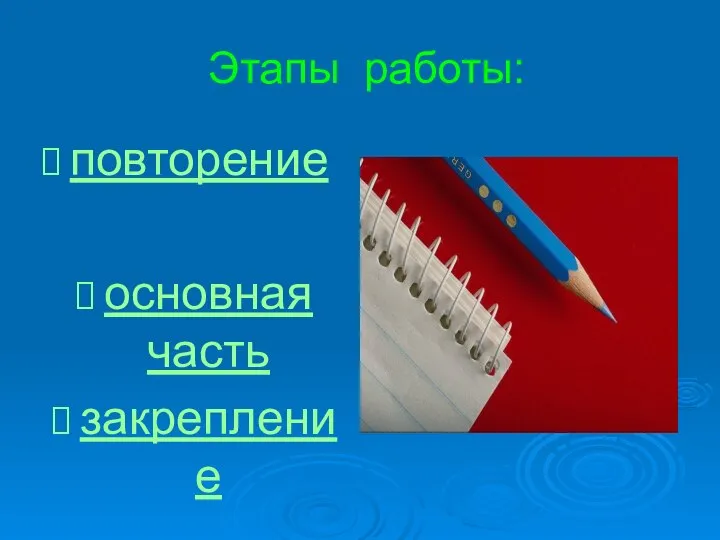 Этапы работы: повторение основная часть закрепление