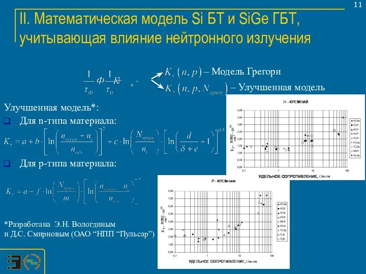 Для n-типа материала: Для p-типа материала: II. Математическая модель Si БТ и