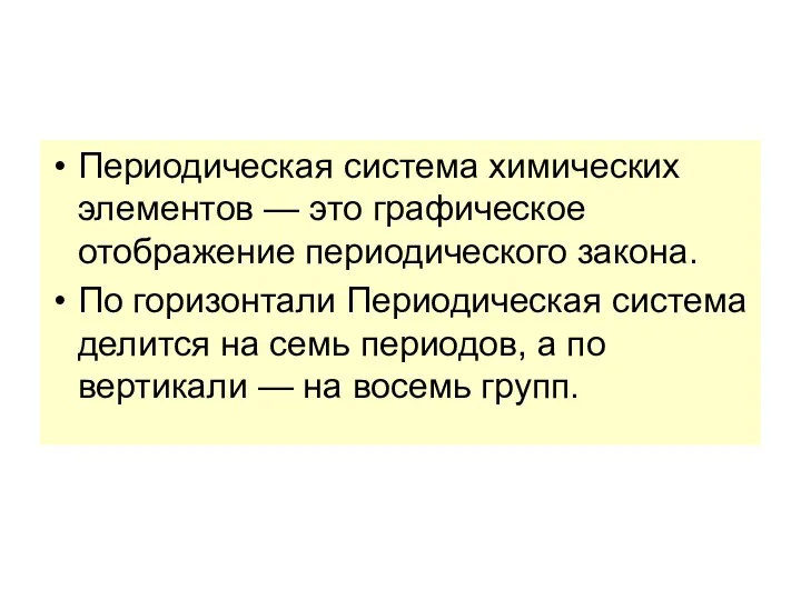 Периодическая система химических элементов — это графическое отображение периодического закона. По горизонтали