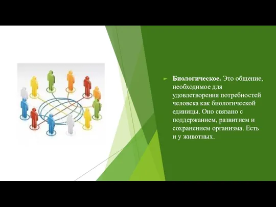 Биологическое. Это общение, необходимое для удовлетворения потребностей человека как биологической единицы. Оно