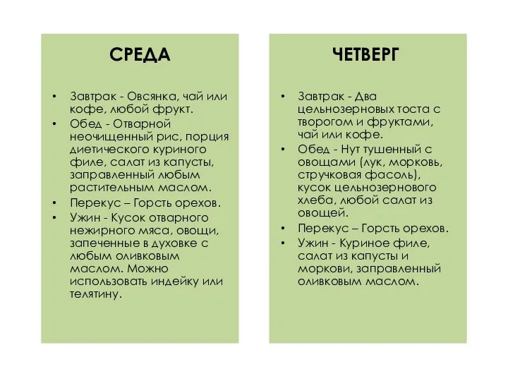 СРЕДА Завтрак - Овсянка, чай или кофе, любой фрукт. Обед - Отварной