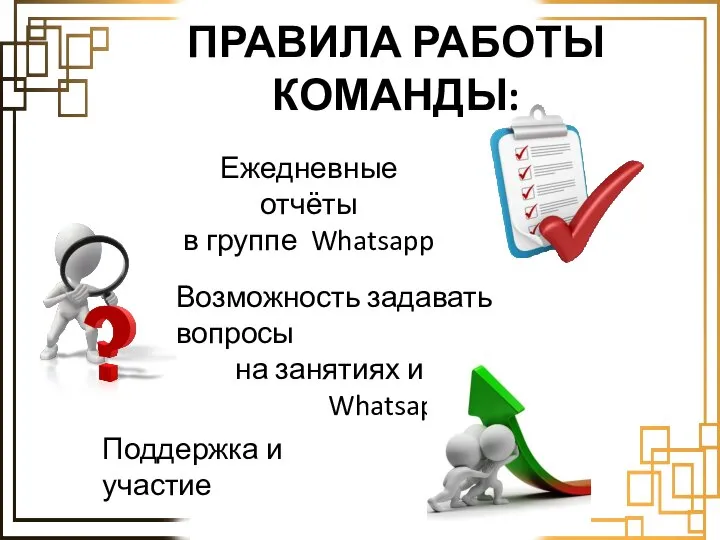 ПРАВИЛА РАБОТЫ КОМАНДЫ: Ежедневные отчёты в группе Whatsapp Возможность задавать вопросы на