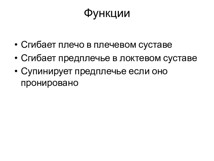 Функции Сгибает плечо в плечевом суставе Сгибает предплечье в локтевом суставе Супинирует предплечье если оно пронировано