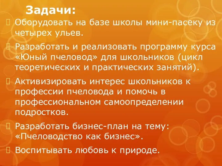 Задачи: Оборудовать на базе школы мини-пасеку из четырех ульев. Разработать и реализовать