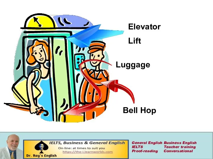 Elevator Lift Luggage Bell Hop General English Business English IELTS Teacher training Proof-reading Conversational