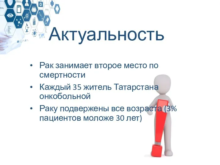 Актуальность Рак занимает второе место по смертности Каждый 35 житель Татарстана онкобольной
