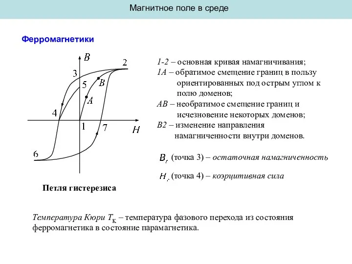 Магнитное поле в среде Ферромагнетики Петля гистерезиса Температура Кюри TK – температура