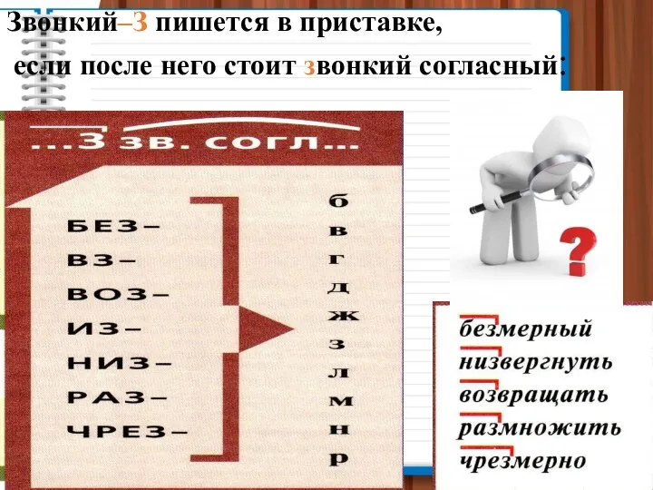 Звонкий–З пишется в приставке, если после него стоит звонкий согласный: