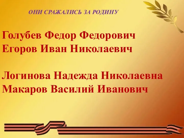 Голубев Федор Федорович Егоров Иван Николаевич Логинова Надежда Николаевна Макаров Василий Иванович ОНИ СРАЖАЛИСЬ ЗА РОДИНУ