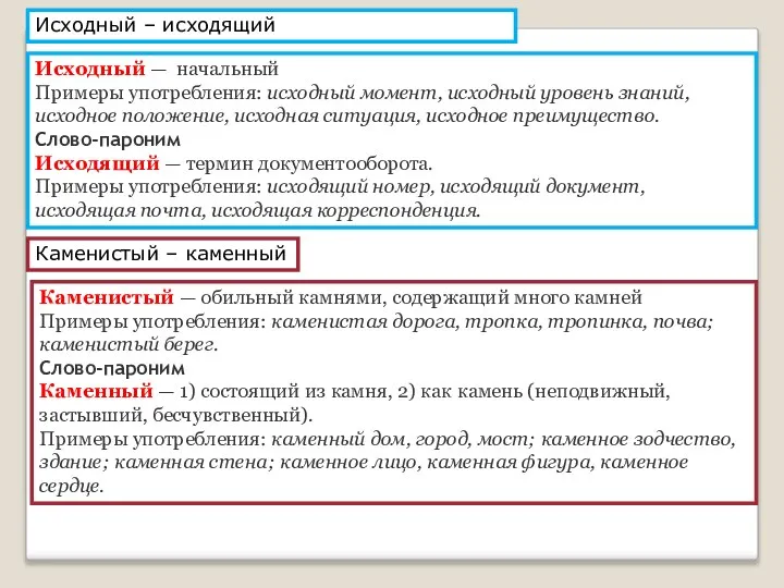 Исходный – исходящий Исходный — начальный Примеры употребления: исходный момент, исходный уровень