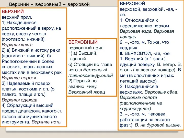 Верхний – верховный – верховой ВЕРХОВОЙ верховой, верхов′ой, -ая, -ое. 1. Относящийся