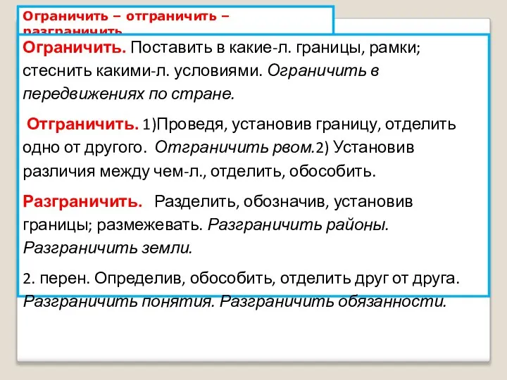 Ограничить – отграничить – разграничить Ограничить. Поставить в какие-л. границы, рамки; стеснить