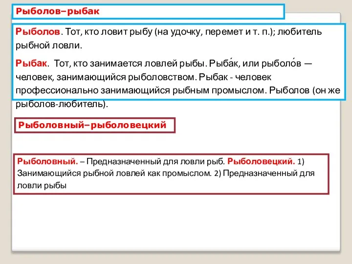 Рыболов–рыбак Рыболов. Тот, кто ловит рыбу (на удочку, перемет и т. п.);