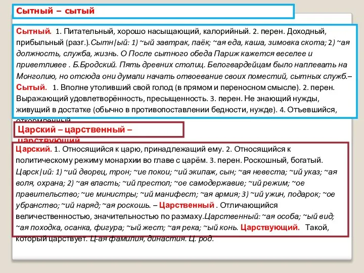 Сытный – сытый Сытный. 1. Питательный, хорошо насыщающий, калорийный. 2. перен. Доходный,