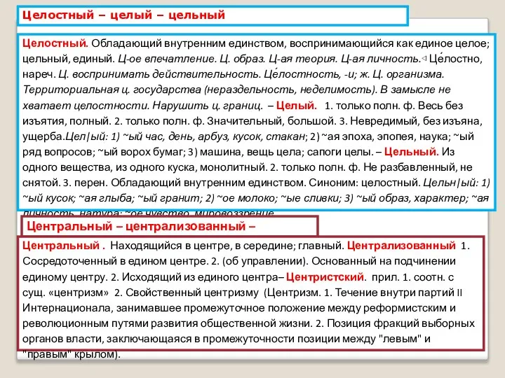 Целостный – целый – цельный Целостный. Обладающий внутренним единством, воспринимающийся как единое