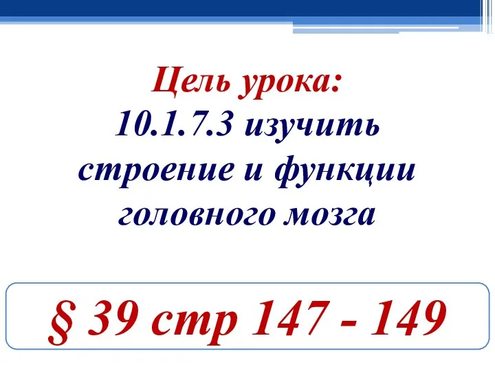 Цель урока: 10.1.7.3 изучить строение и функции головного мозга § 39 стр 147 - 149