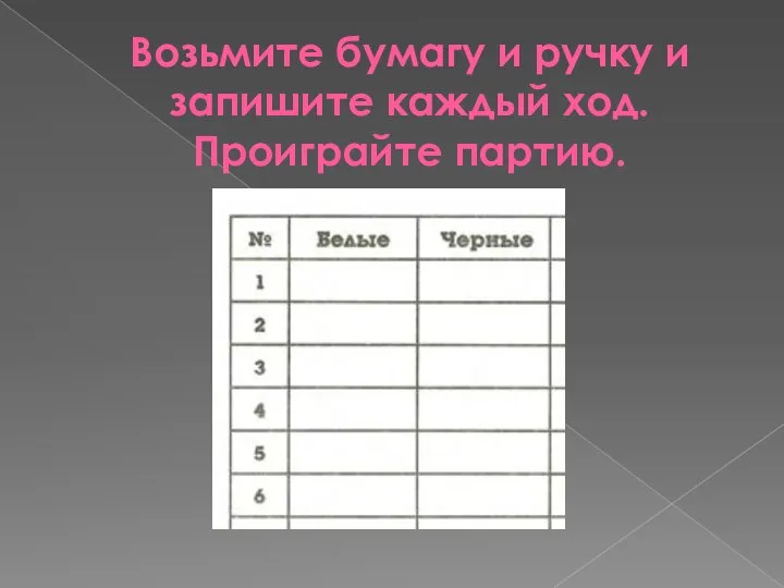 Возьмите бумагу и ручку и запишите каждый ход. Проиграйте партию.