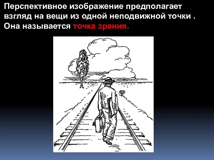 Перспективное изображение предполагает взгляд на вещи из одной неподвижной точки . Она называется точка зрения.