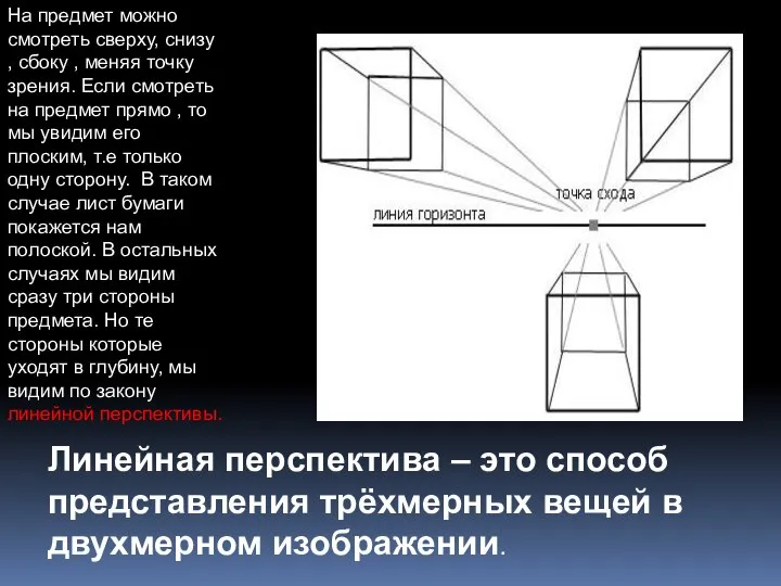 На предмет можно смотреть сверху, снизу , сбоку , меняя точку зрения.