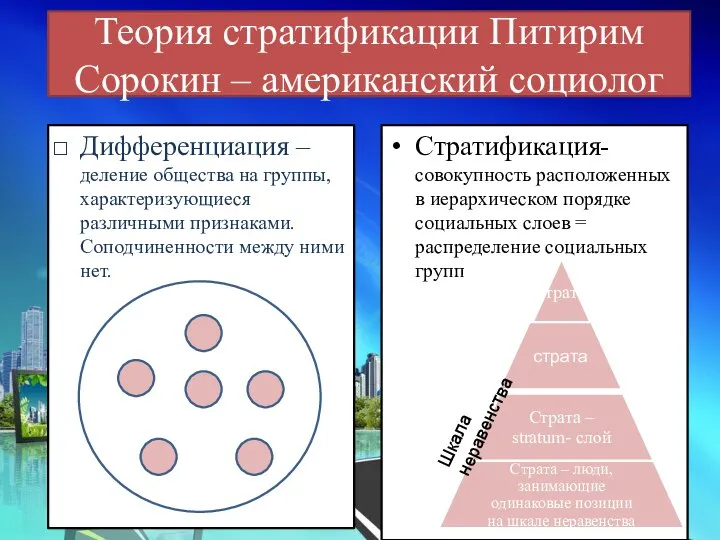 Теория стратификации Питирим Сорокин – американский социолог Дифференциация – деление общества на