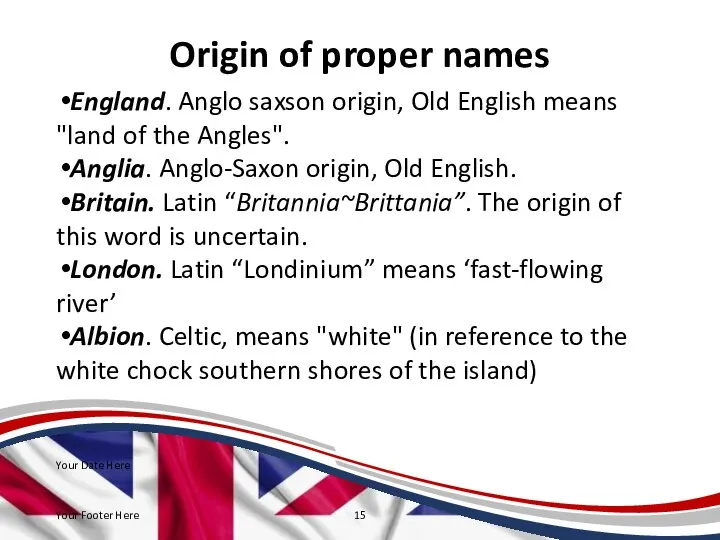 Origin of proper names England. Anglo saxson origin, Old English means "land