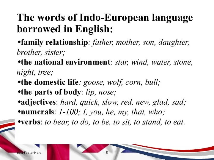 The words of Indo-European language borrowed in English: family relationship: father, mother,