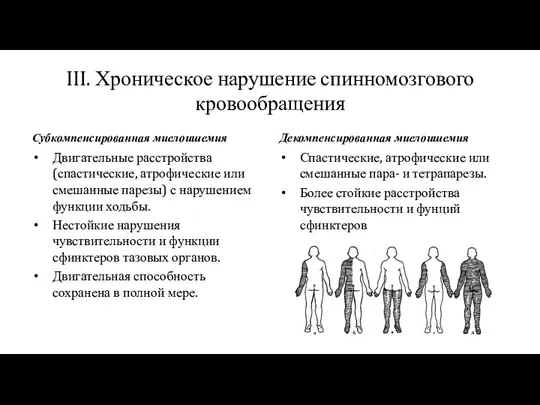 III. Хроническое нарушение спинномозгового кровообращения Субкомпенсированная миелоишемия Двигательные расстройства (спастические, атрофические или