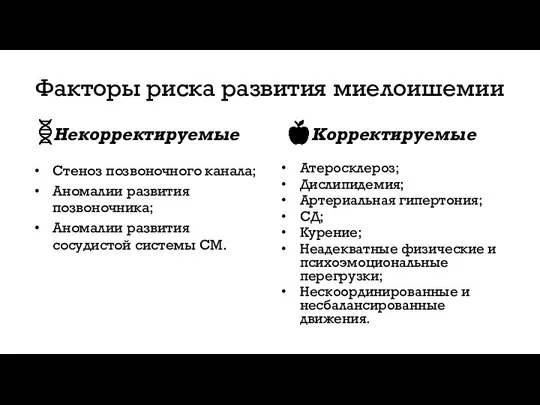 Факторы риска развития миелоишемии Некорректируемые Стеноз позвоночного канала; Аномалии развития позвоночника; Аномалии