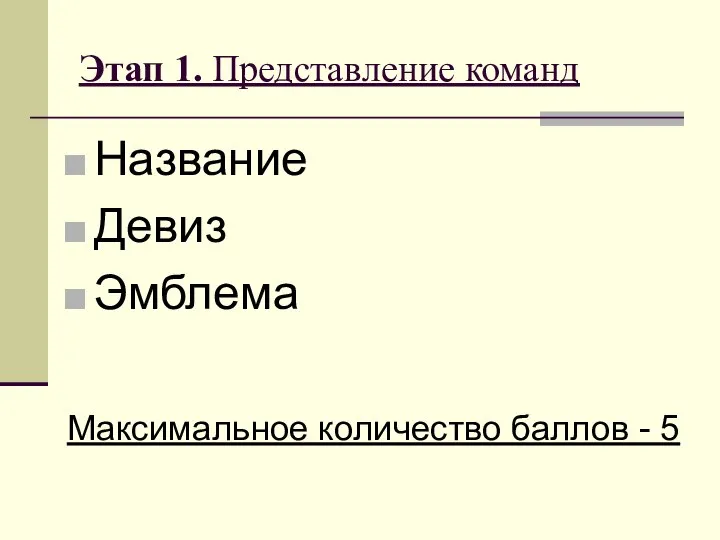 Этап 1. Представление команд Название Девиз Эмблема Максимальное количество баллов - 5