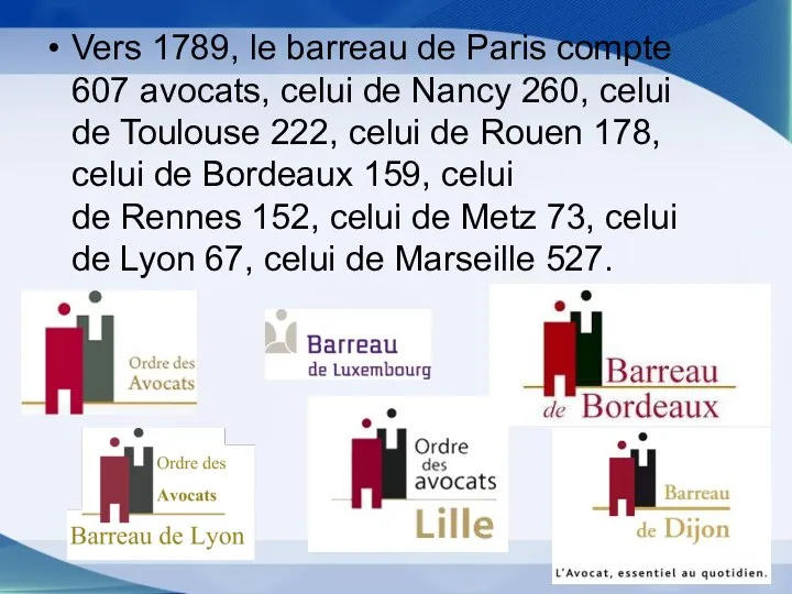 Vers 1789, le barreau de Paris compte 607 avocats, celui de Nancy