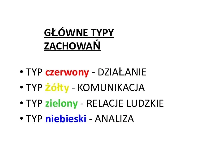 TYP czerwony - DZIAŁANIE TYP żółty - KOMUNIKACJA TYP zielony - RELACJE