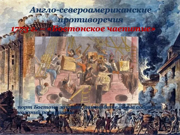 1773 г. – «Бостонское чаепитие» порт Бостона закрыт, законодательные собрания колоний распущены Англо-североамериканские противоречия