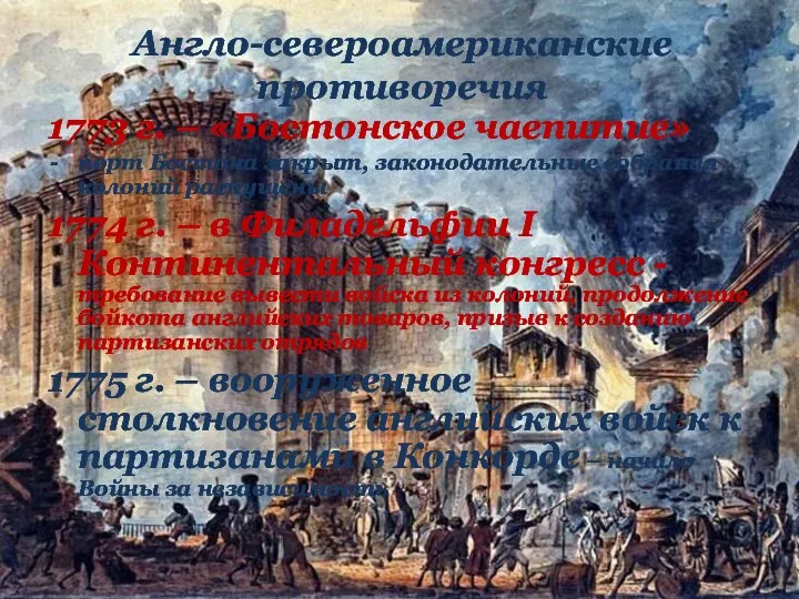 1773 г. – «Бостонское чаепитие» порт Бостона закрыт, законодательные собрания колоний распущены