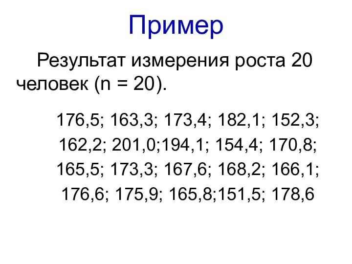 Пример Результат измерения роста 20 человек (n = 20). 176,5; 163,3; 173,4;