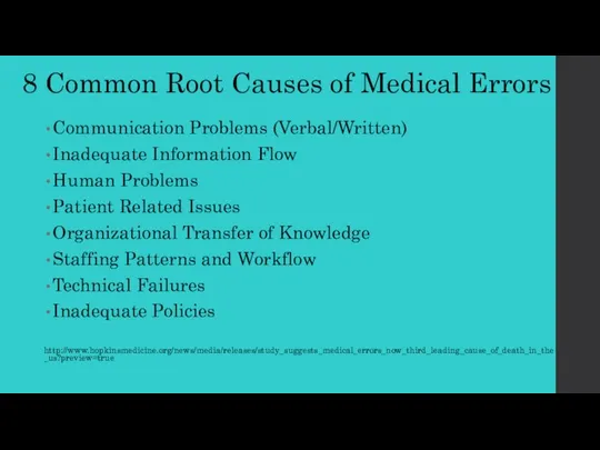 8 Common Root Causes of Medical Errors Communication Problems (Verbal/Written) Inadequate Information