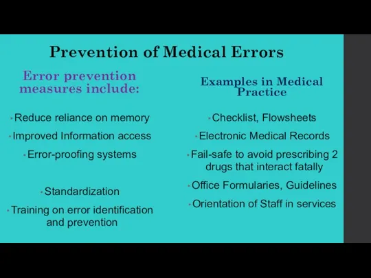 Prevention of Medical Errors Error prevention measures include: Reduce reliance on memory