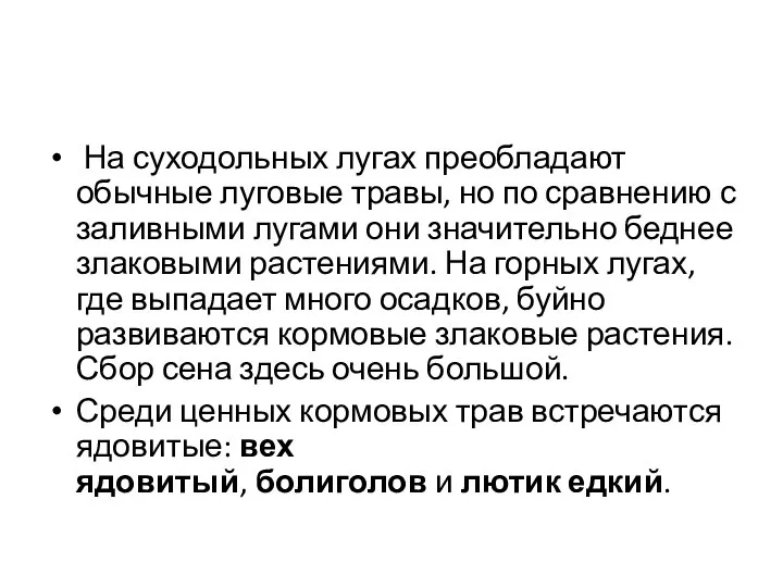 На суходольных лугах преобладают обычные луговые травы, но по сравнению с заливными