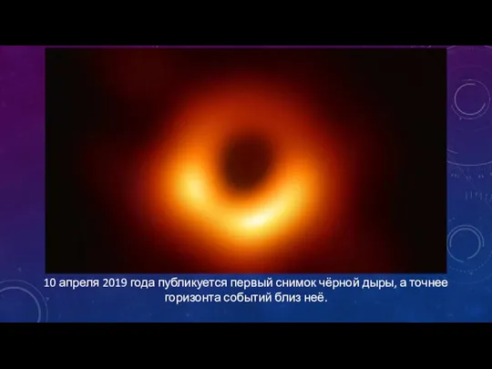 10 апреля 2019 года публикуется первый снимок чёрной дыры, а точнее горизонта событий близ неё.