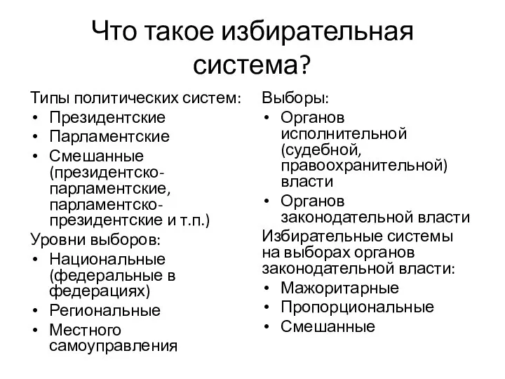 Что такое избирательная система? Типы политических систем: Президентские Парламентские Смешанные (президентско-парламентские, парламентско-президентские