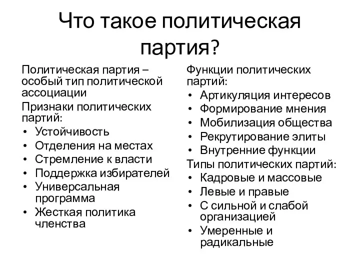 Что такое политическая партия? Политическая партия – особый тип политической ассоциации Признаки