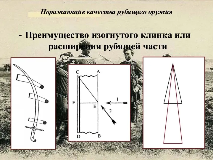 Преимущество изогнутого клинка или расширения рубящей части Поражающие качества рубящего оружия