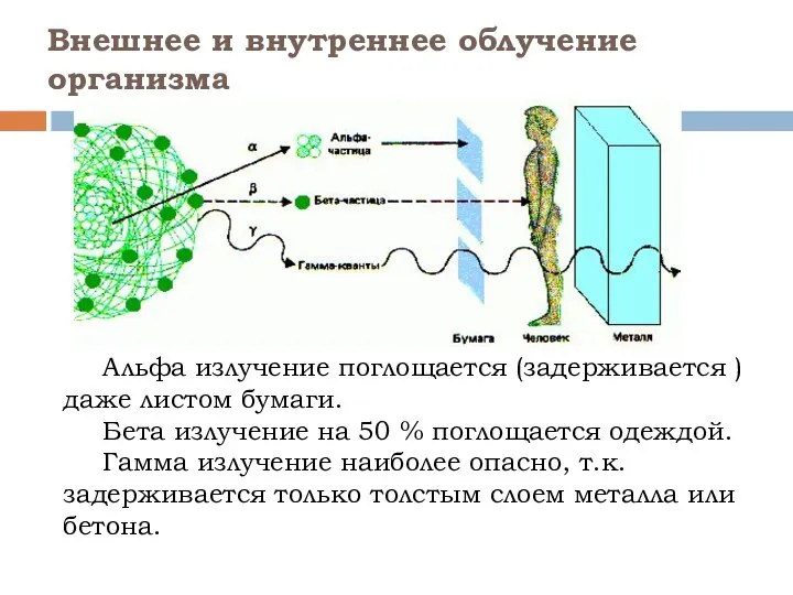 Внешнее и внутреннее облучение организма Альфа излучение поглощается (задерживается ) даже листом